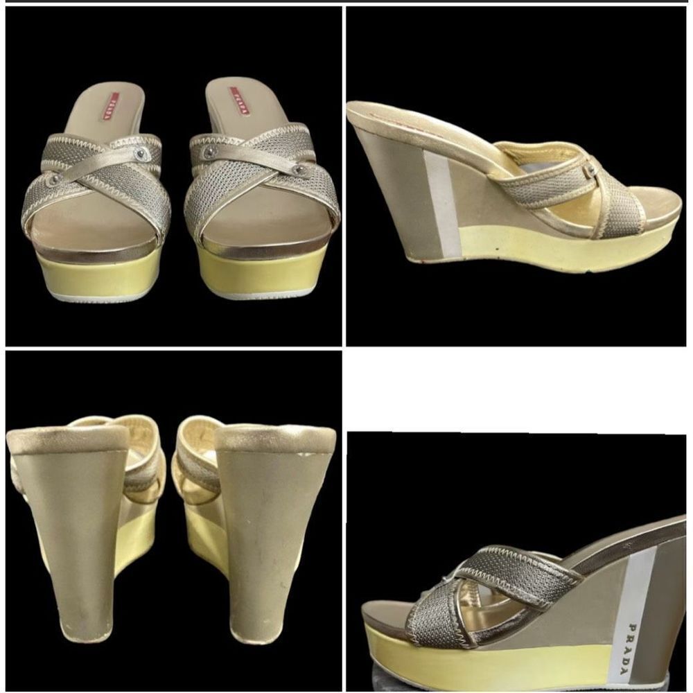 Prada Metallic Gold Leather Mesh Open Toe Slip-on Wedge Sandals